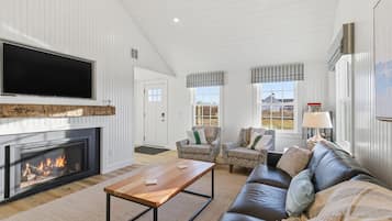Smart TV, fireplace, books