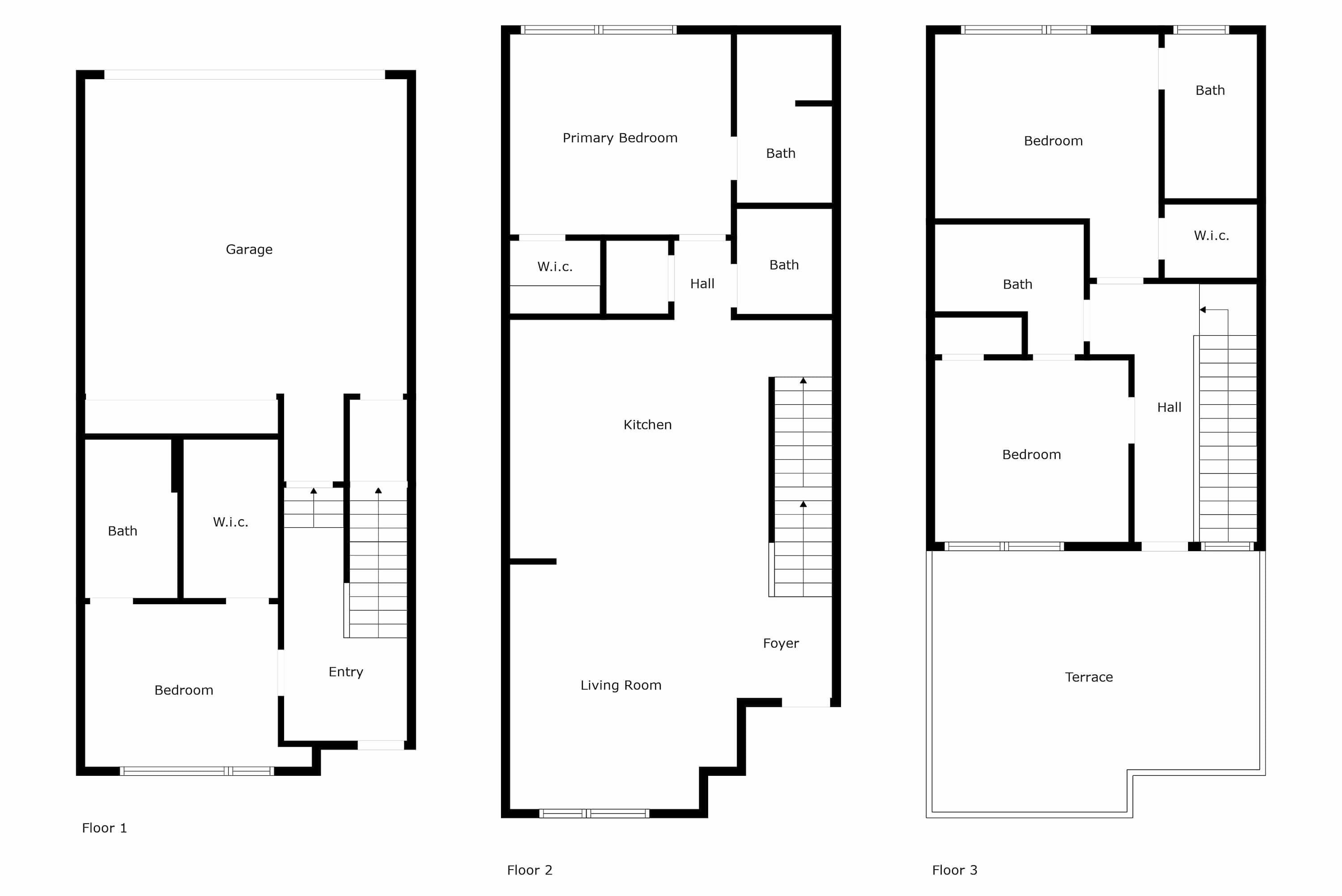 Three floor plans of a property with a garage, multiple bedrooms, a kitchen, a living room, a foyer, and a terrace.
