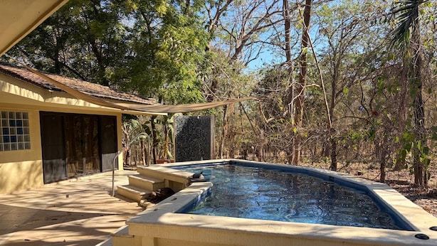 Una piscina amb escales d'accés, envoltada d'arbres i un edifici amb teulada de rajola.