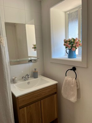 Secadora de cabello, toallas, jabón, papel de baño 