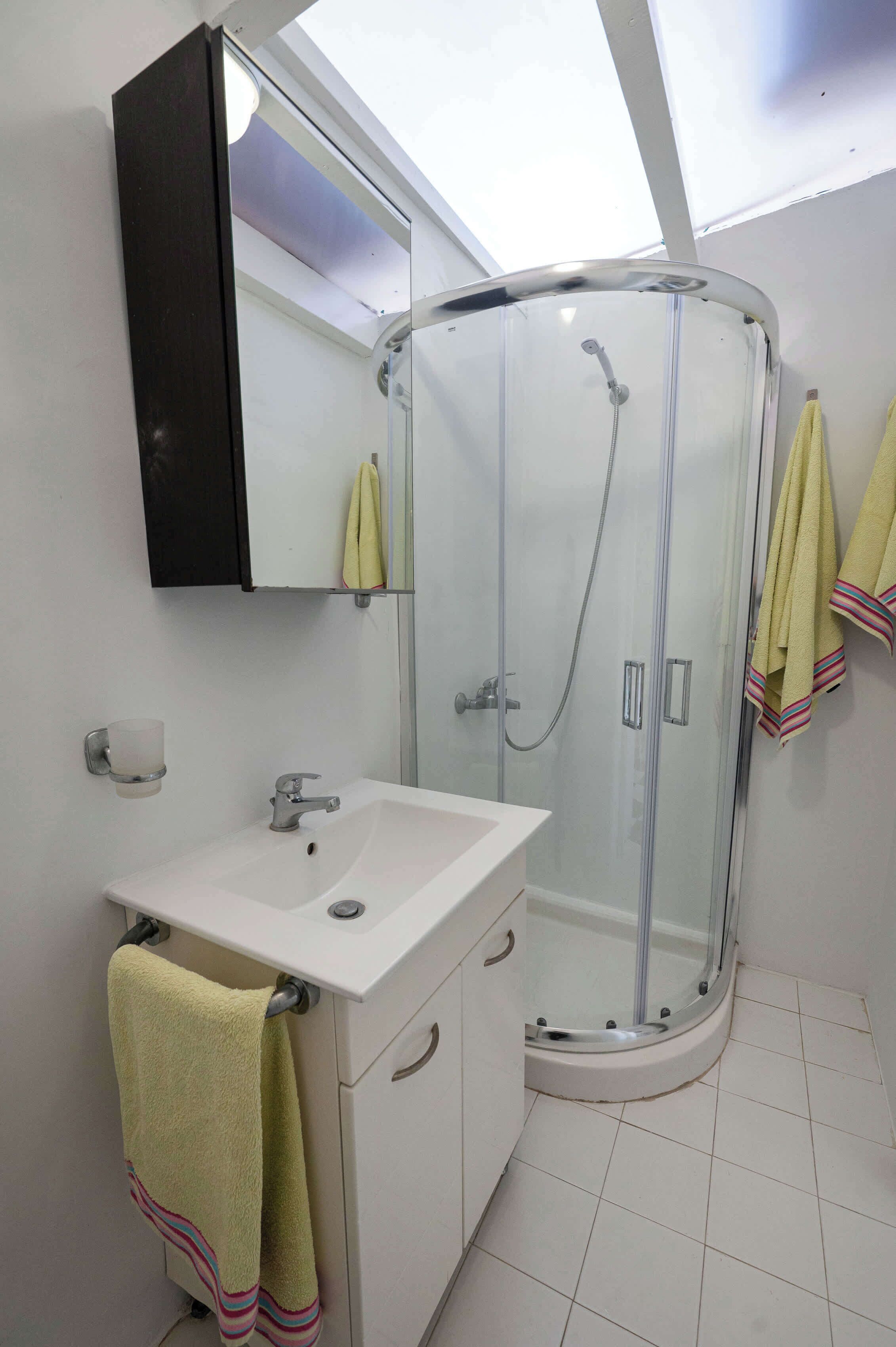 Un baño con ducha envuelta en vidrio, un lavabo blanco y un espejo sobre él.