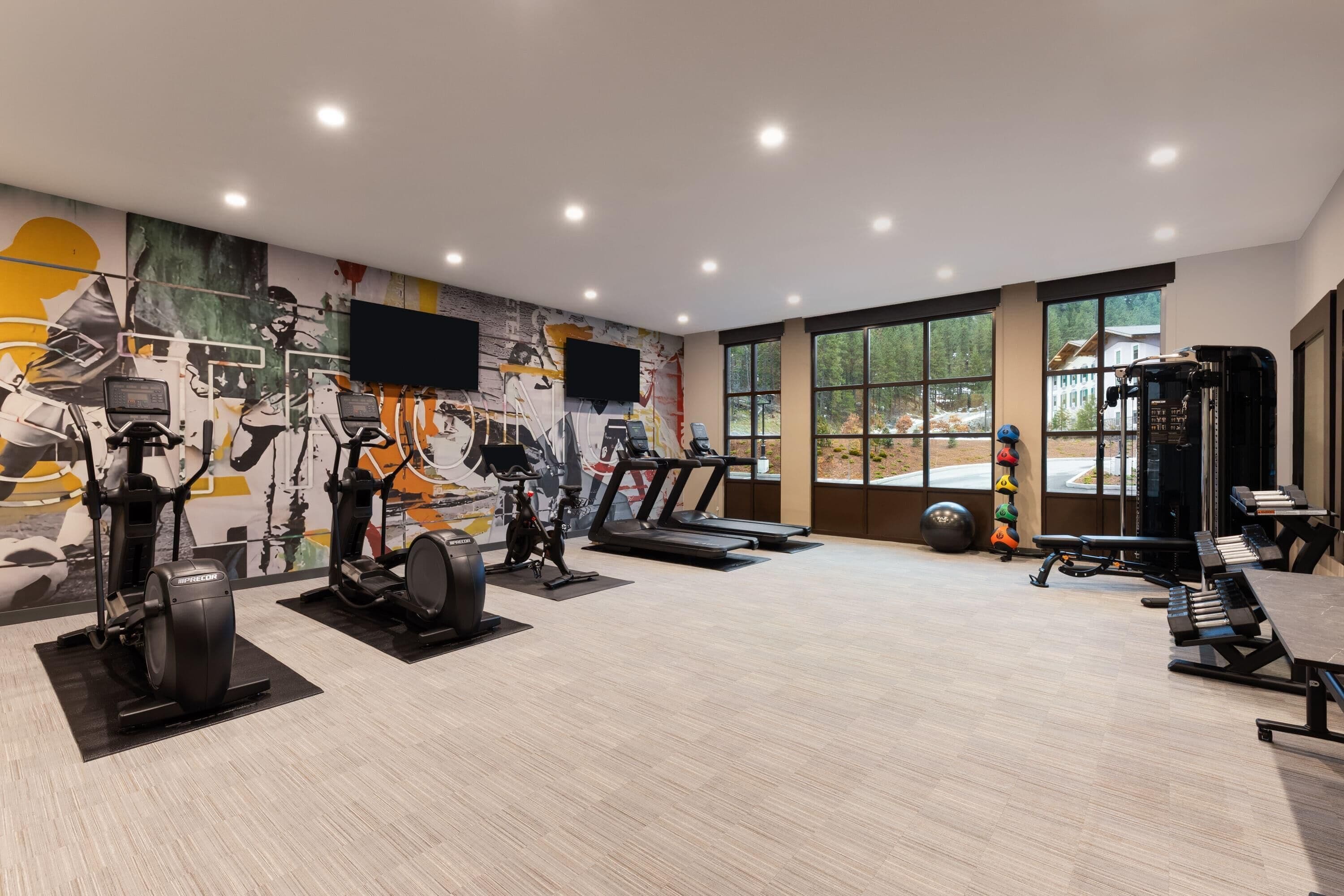 Une salle de sport équipée de matériel d’exercice, dotée de grandes fenêtres et ornée d’une fresque murale.