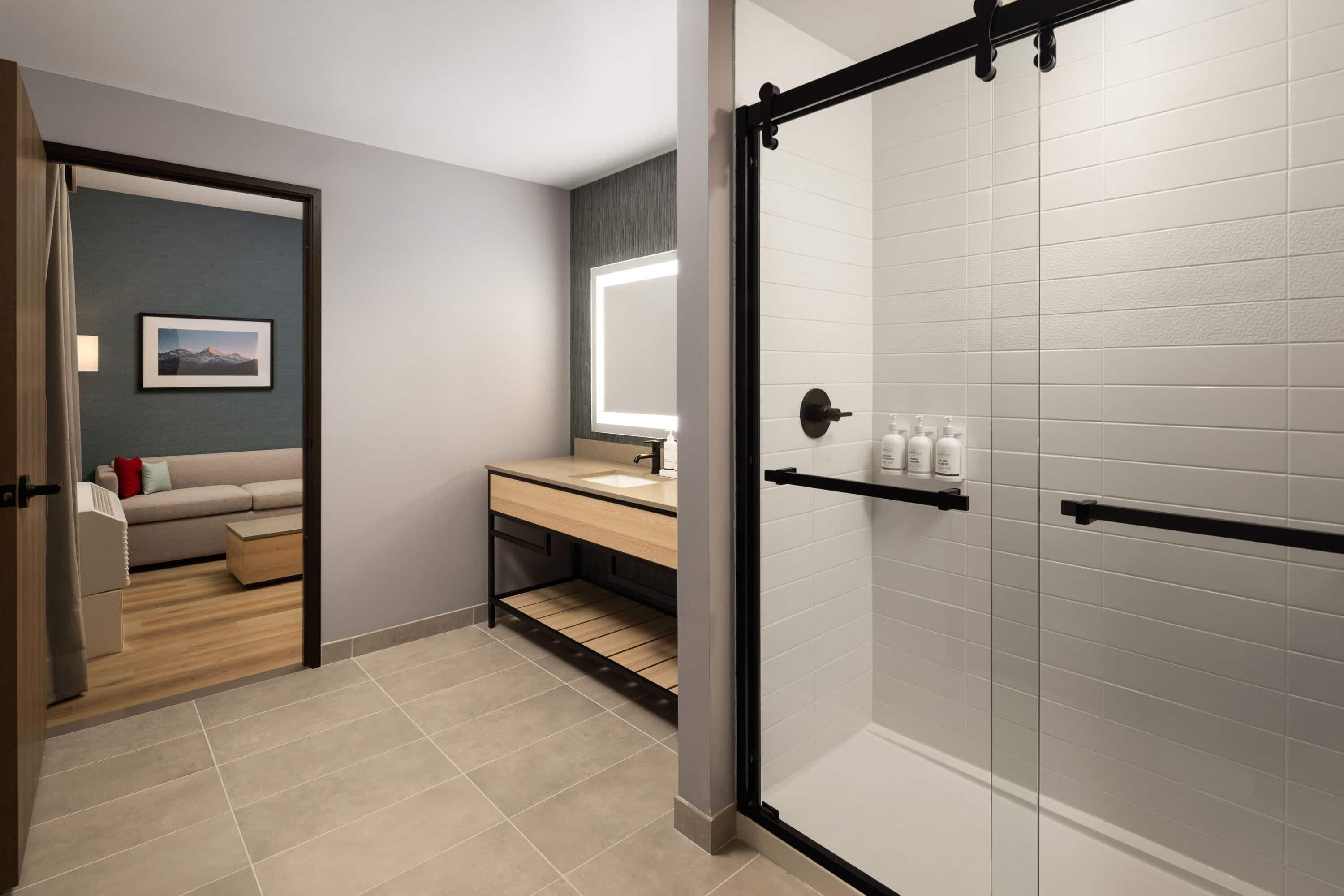 A modern bathroom with a shower, a sink, and a mirror.