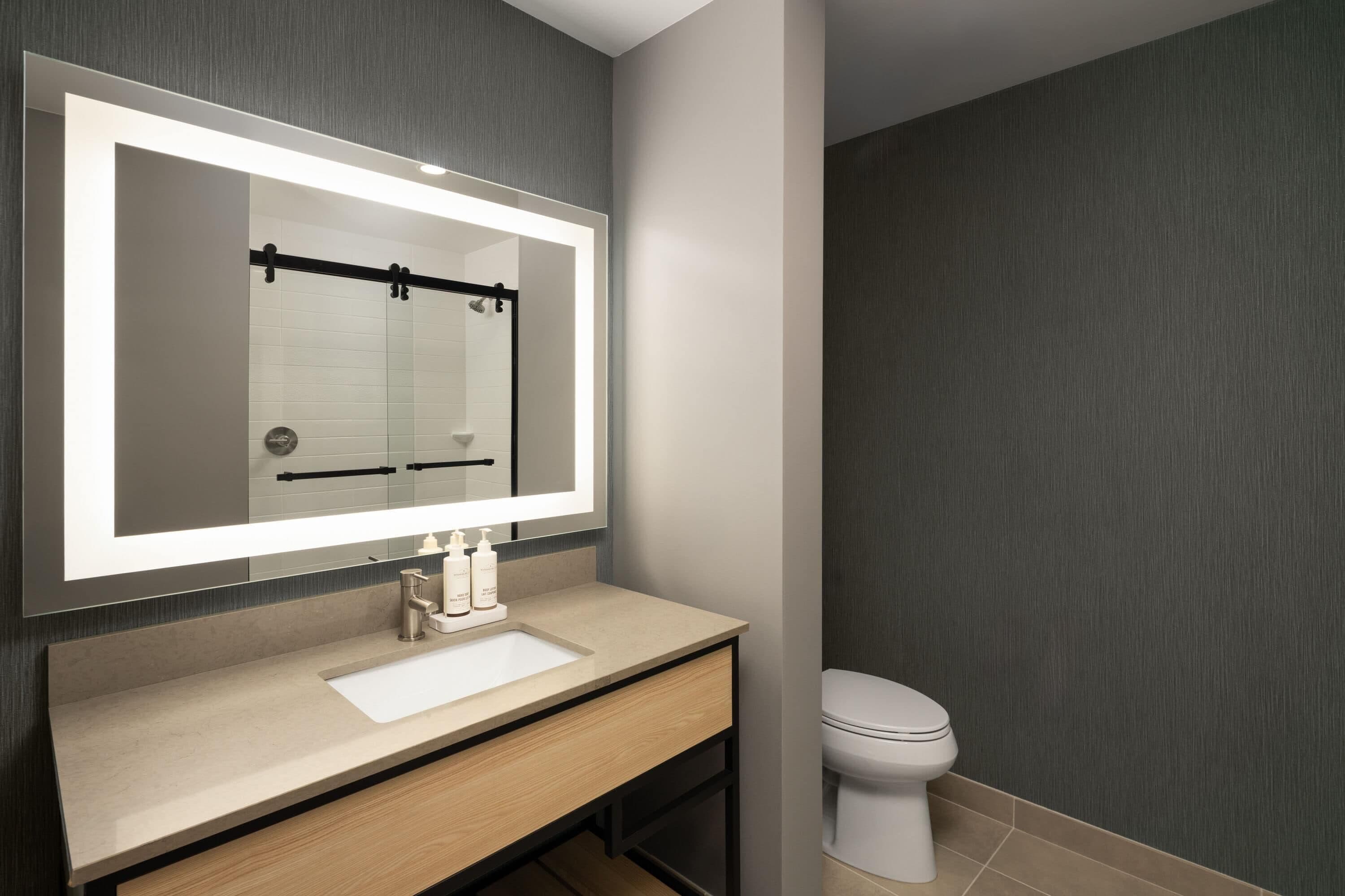 A modern bathroom with a large mirror, a sink, a toilet, and a shower area.