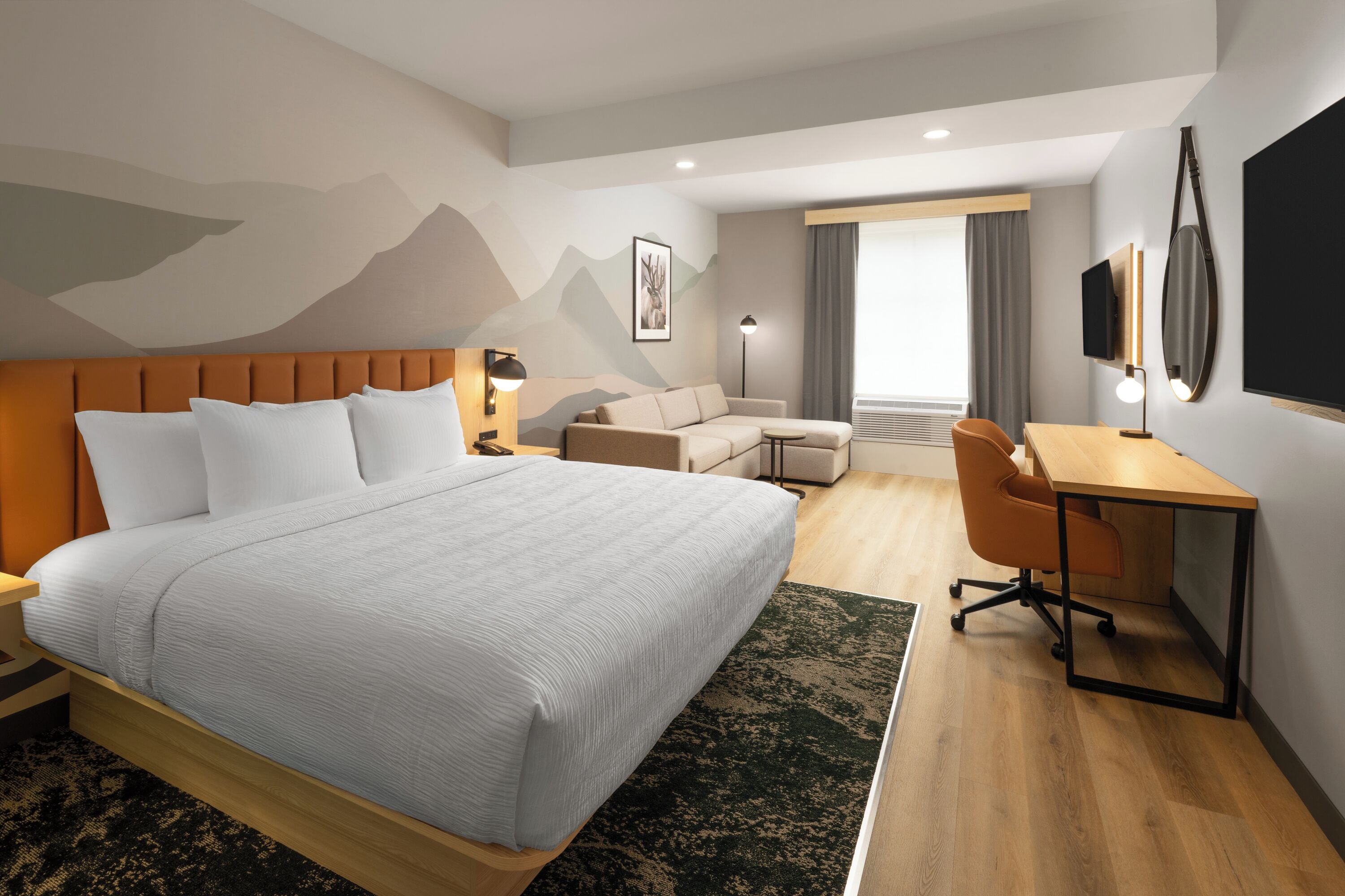 Una camera d'hotel moderna con un ampio letto, una scrivania, una sedia, un divano e una televisione.