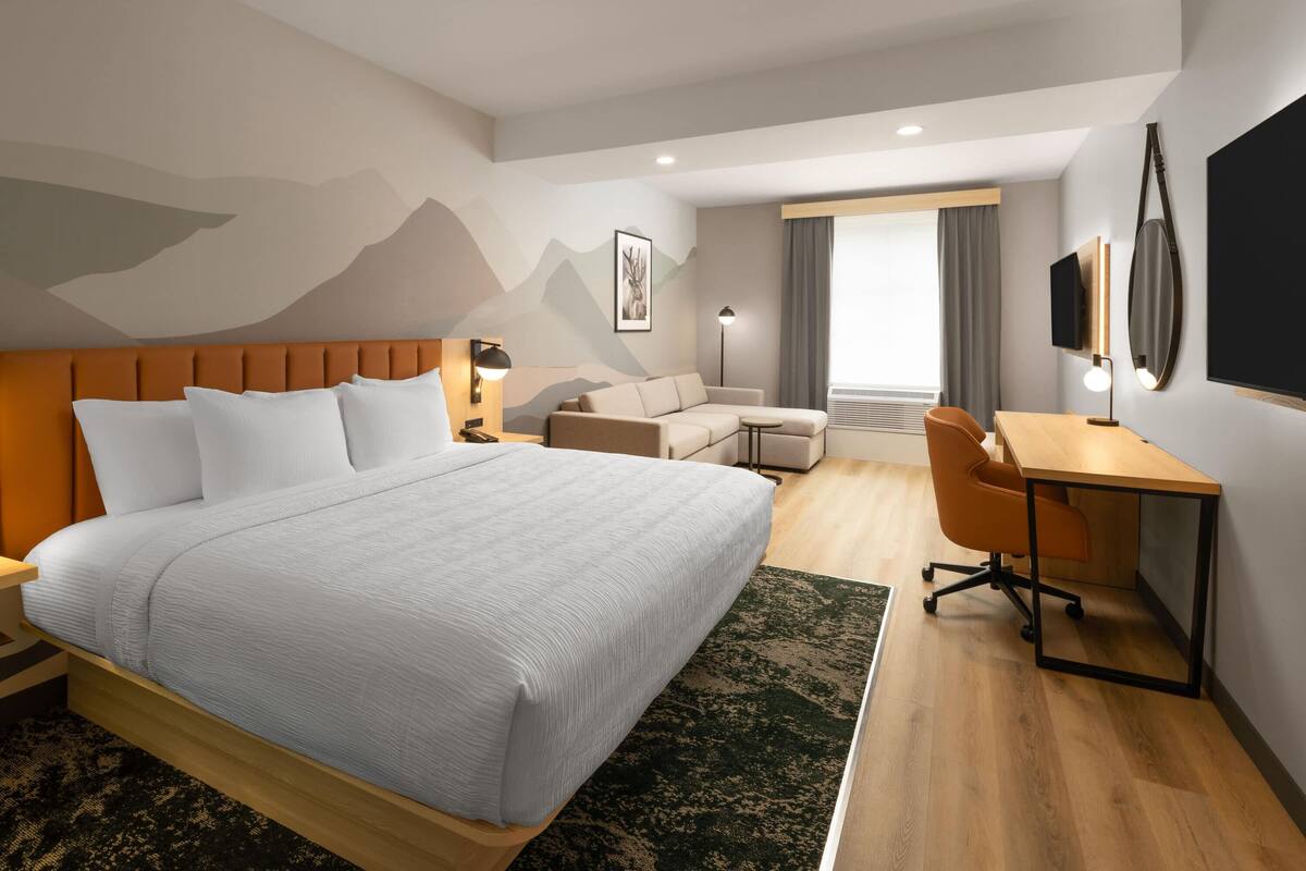 Habitació d'hotel moderna amb un llit gran, una escriptori, una cadira, un sofà i una televisió.