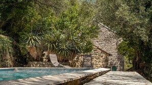 A stone pool with a stone deck, surrounded by lush greenery and a stone building. - Luxurious home in Herceg Novi (Herceg Novi)