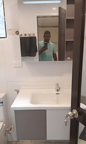 Shower, hair dryer, bidet, towels