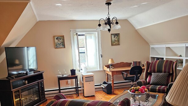 Un salon confortable avec une télévision, une cheminée et un coin repas.