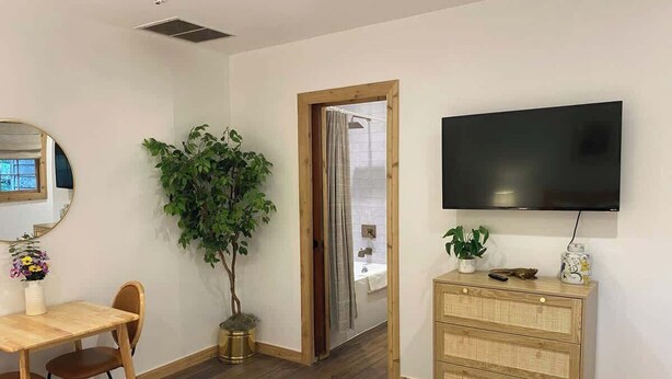 Een hotelkamer met een houten bureau, een stoel, een bed, een dressoir, een televisie en een plant in een pot.