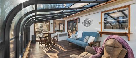 Smart TV, chimenea y libros