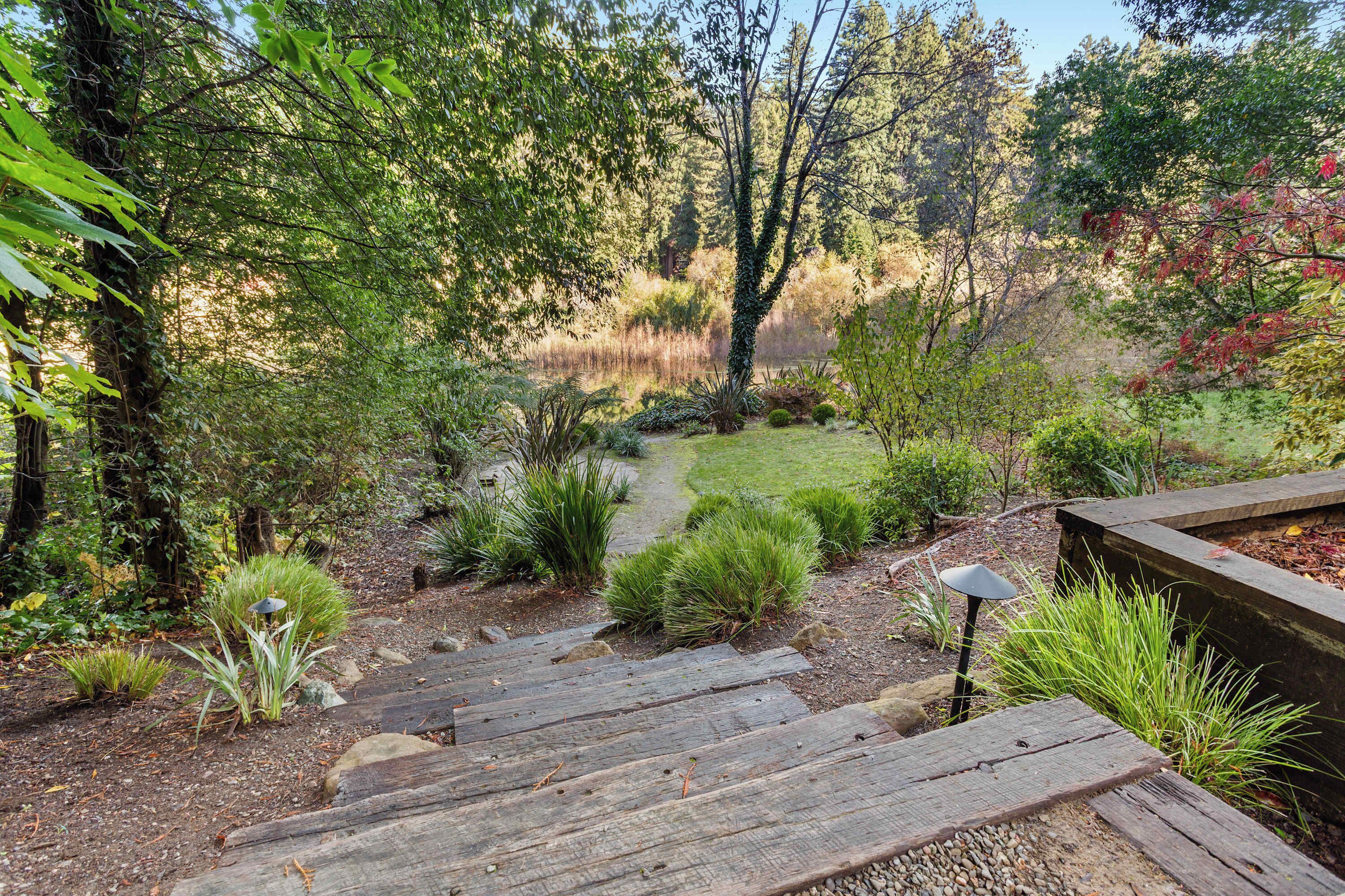 Una escalera de madera que lleva a un área de jardín con diversas plantas y árboles.