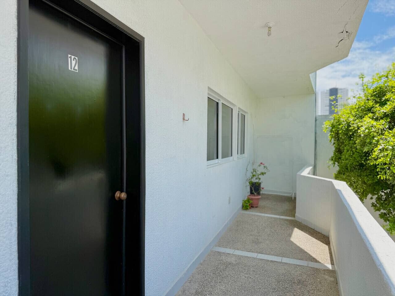 A narrow corridor with a black door marked with the number 12, white walls, and a small balcony with potted plants.