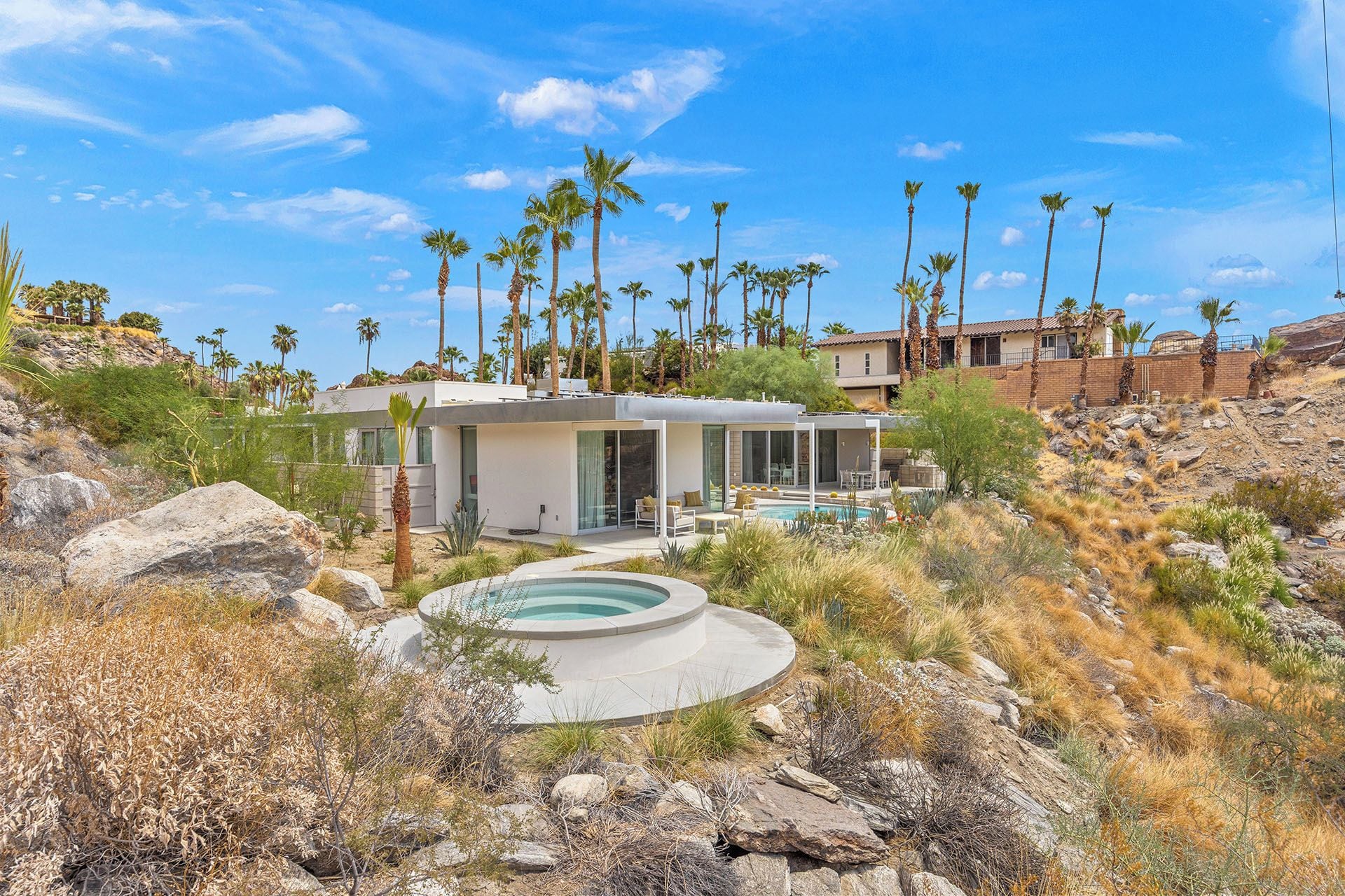 A modern house with a pool, surrounded by palm trees and dry vegetation.
