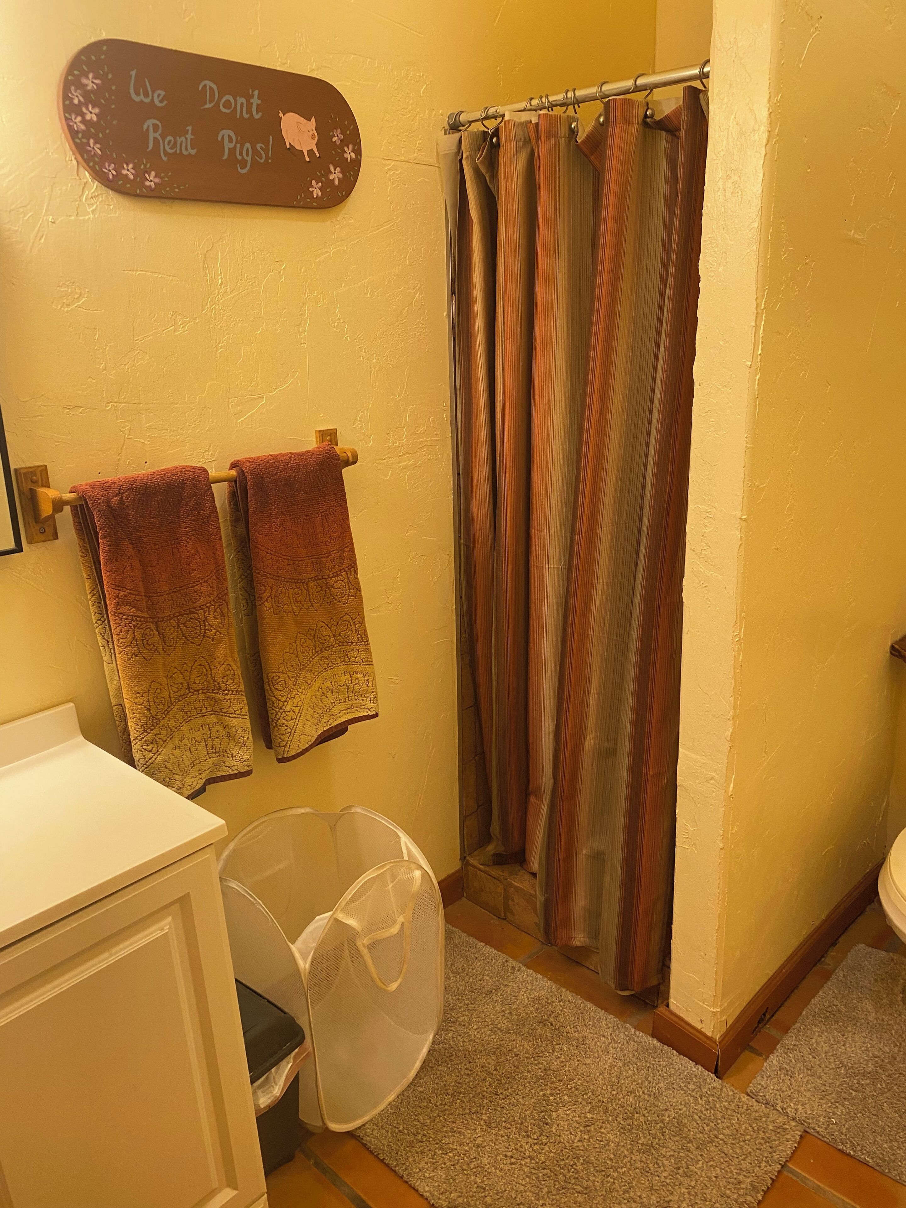 Douche, serviettes fournies, savon, papier toilette