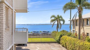 Uitzicht vanaf een balkon op een waterpartij, met geparkeerde auto's en palmbomen.