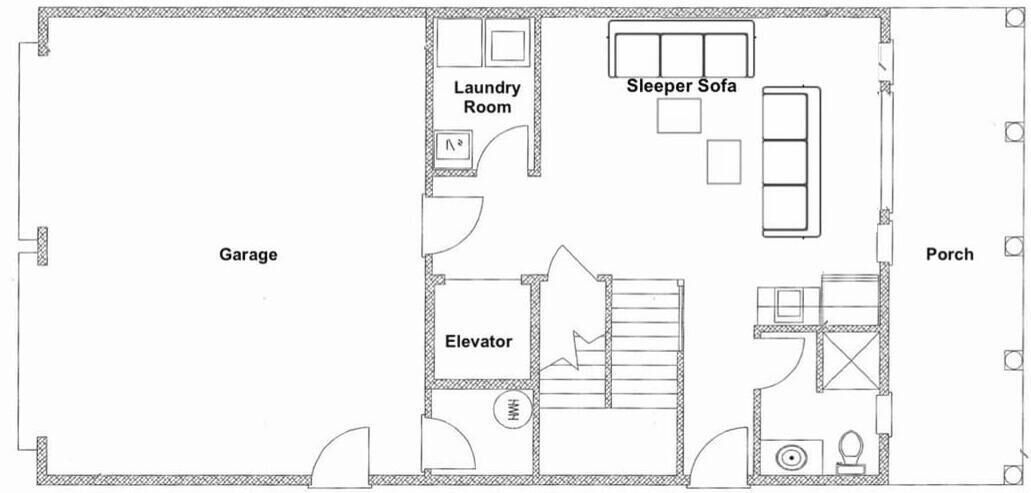 A floor plan with a garage, laundry room, sleeper sofa, elevator, and porch.