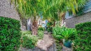 A narrow brick pathway flanked by lush greenery and palm trees, leading to a building with a brick facade. - Landyn Beach House (Myrtle Beach)