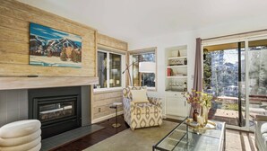 Smart TV, chimenea y libros 