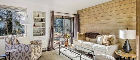 TV connectée, cheminée, livres