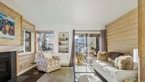 Smart TV, chimenea y libros 
