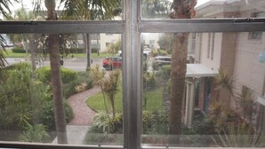 Ett fönster med utsikt över ett bostadsområde, inklusive en gångstig, palmer och hus.