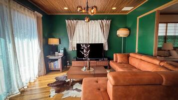 Een televisie, boeken en een muziekbibliotheek