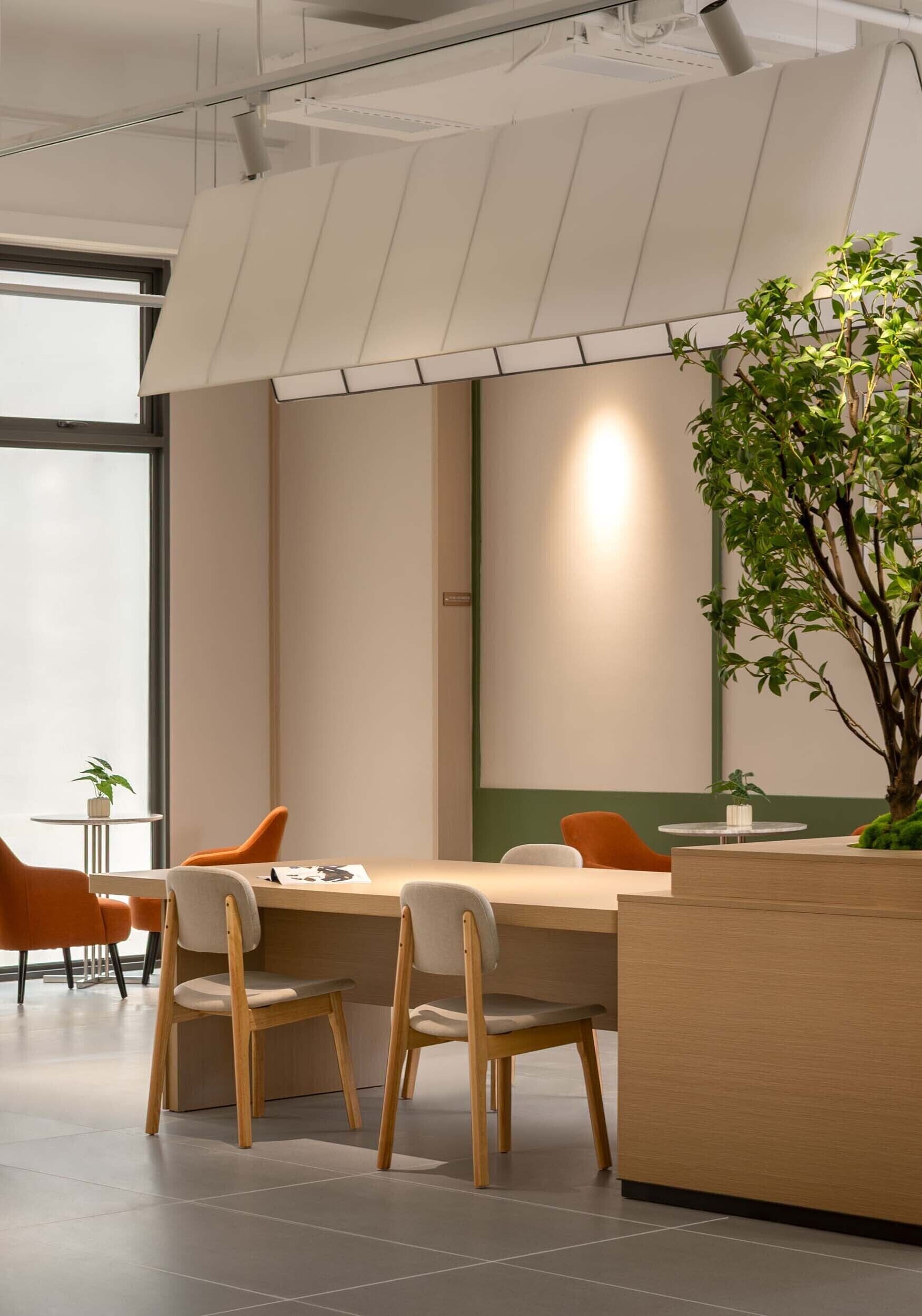 A modern office space with a large table, two chairs, a potted plant, and a reception desk.