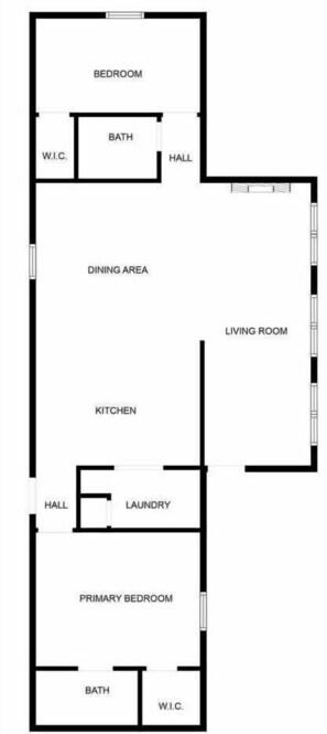 A floor plan with a bedroom, bathroom, dining area, living room, kitchen, laundry, and primary bedroom. - Rustic Retreat — Easy Access, Peaceful Setting, Close to Everything (Sevierville)