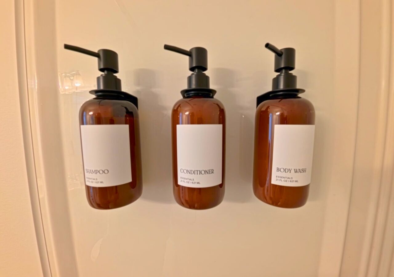 Hair dryer, towels, soap, shampoo