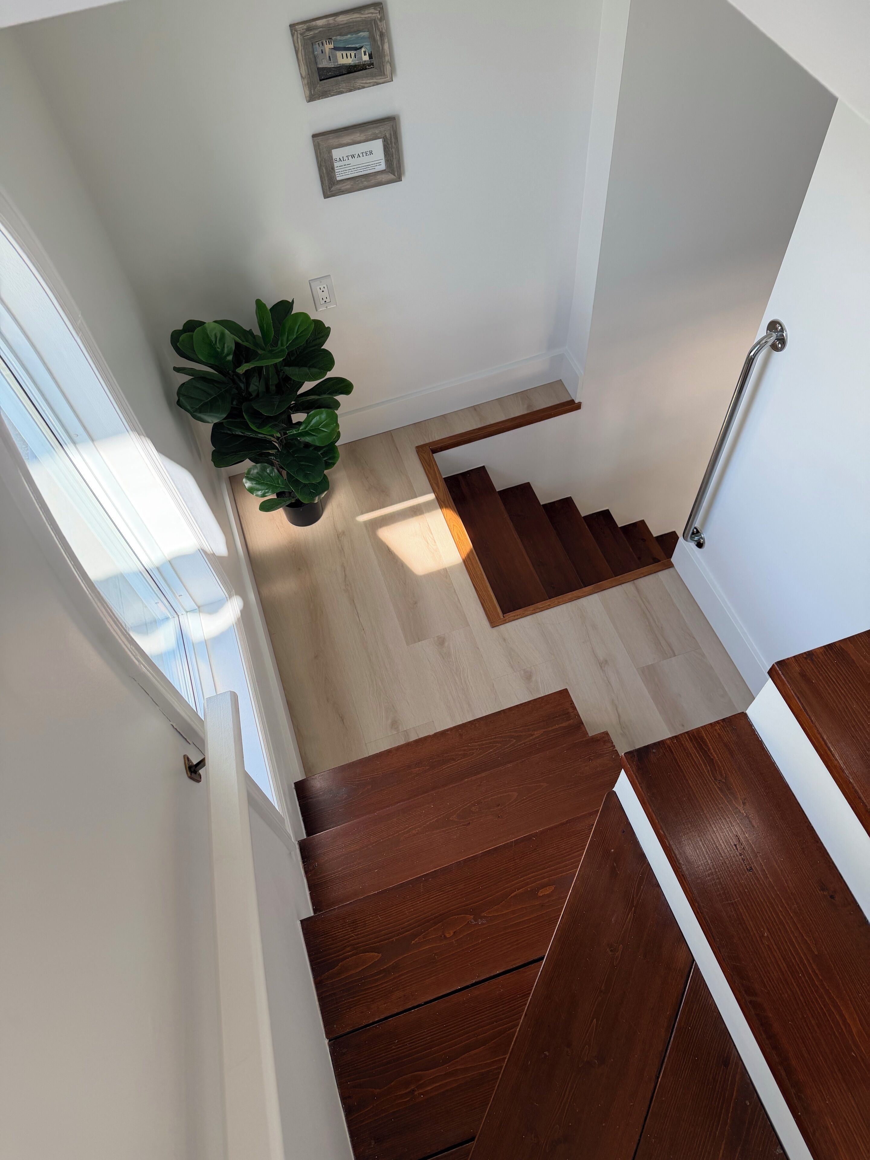 A wooden staircase with a handrail, a potted plant, and a wall-mounted light switch.