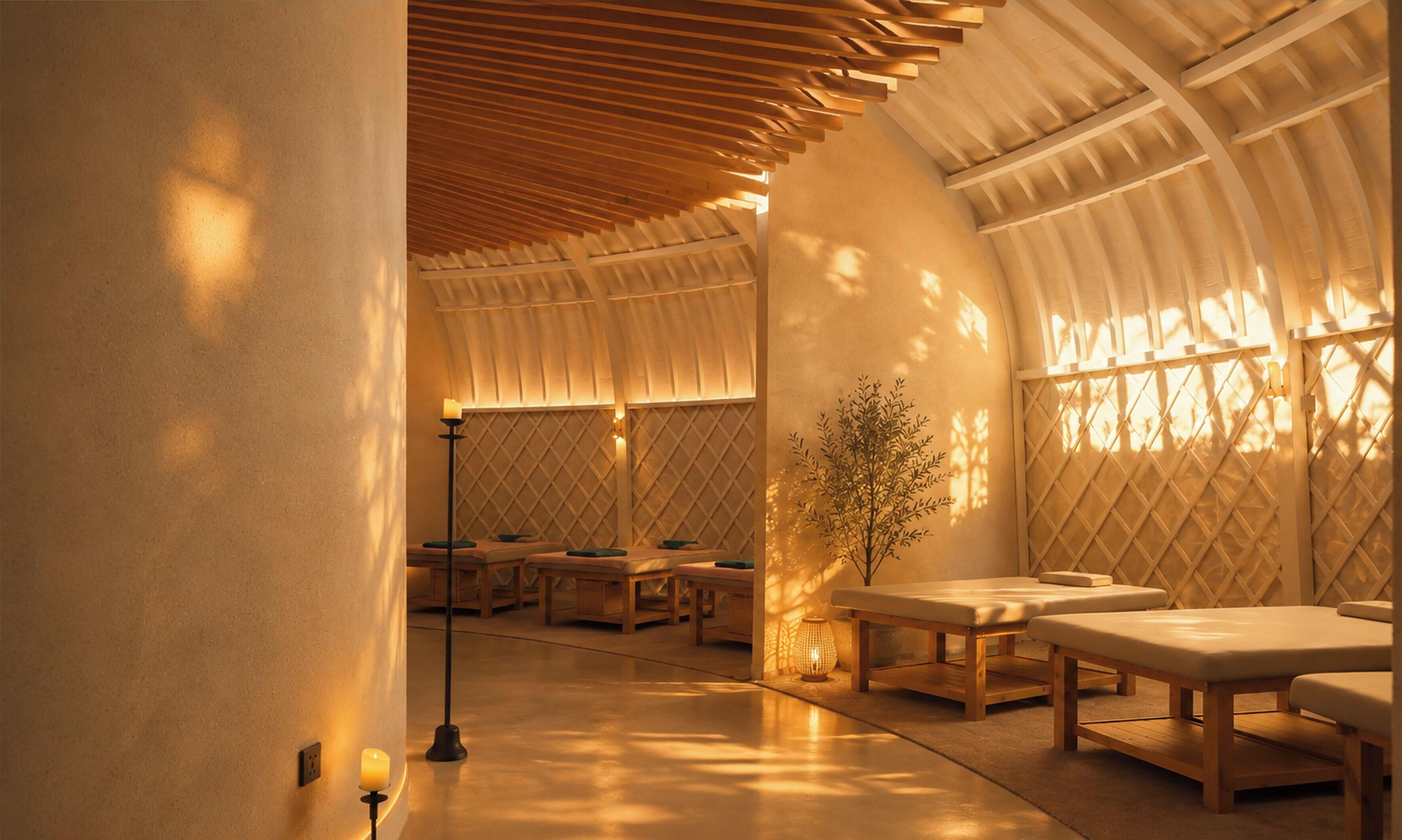 Une salle de spa avec des bancs en bois et un petit arbre, dotée d’un plafond en pente et de fenêtres  à croisillons.