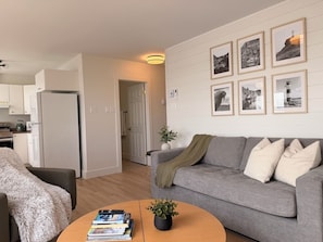 A modern living room with a grey sofa, a coffee table with books and a plant, and a kitchen in the background.