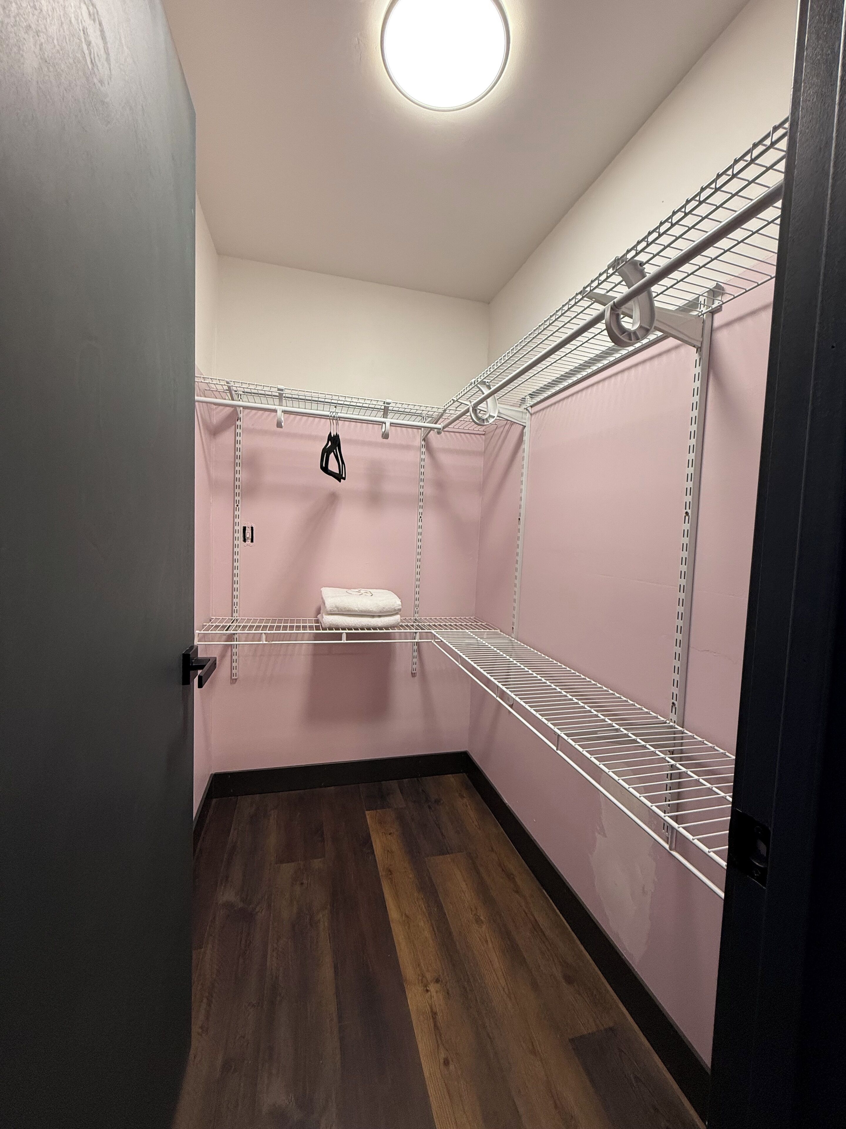 A small, enclosed utility room with metal shelving units, a wooden floor, and a single light fixture on the ceiling.