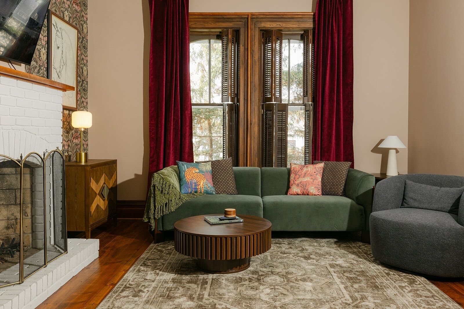 TV, fireplace, books