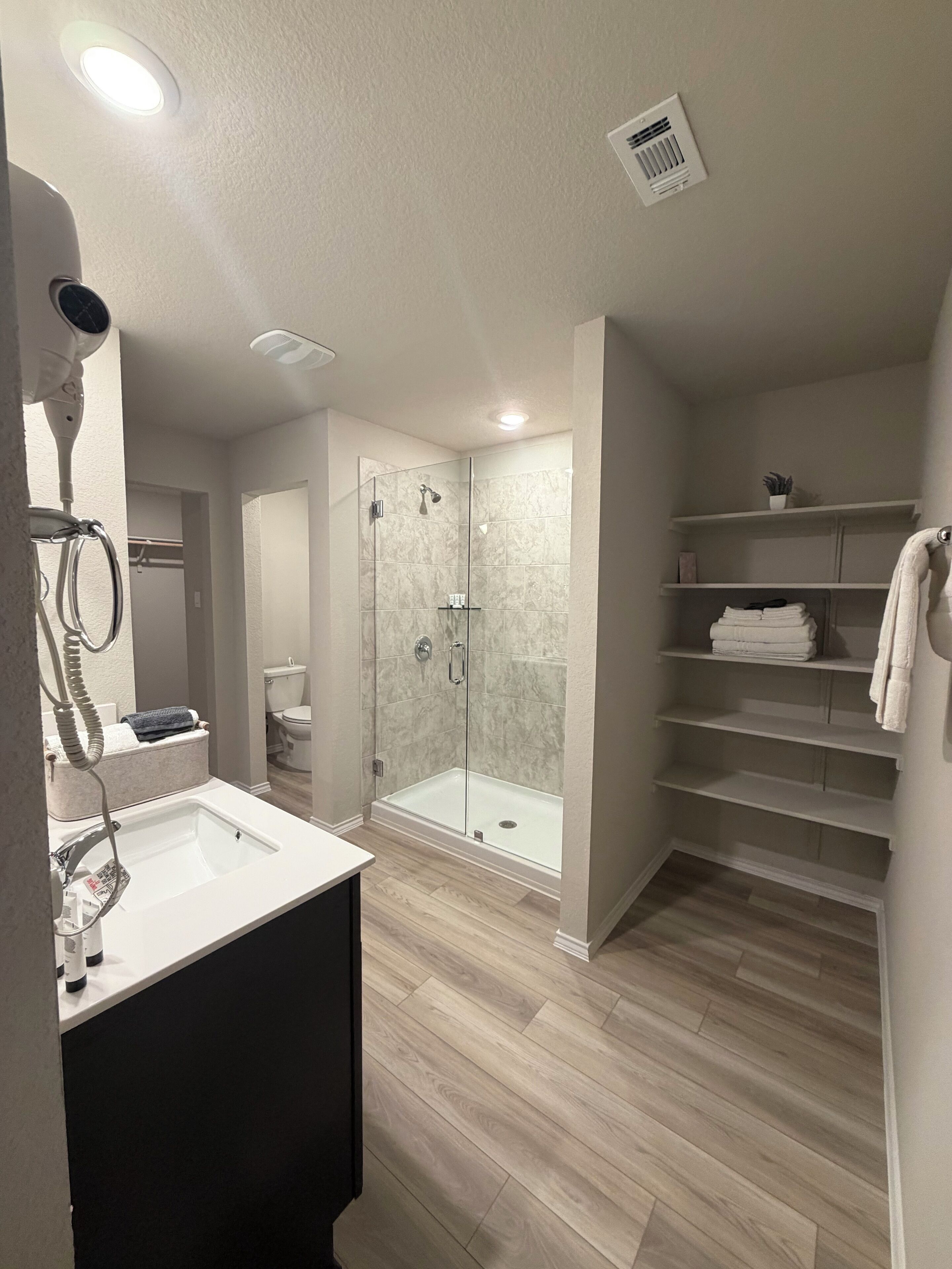 Shower, hair dryer, bidet, towels