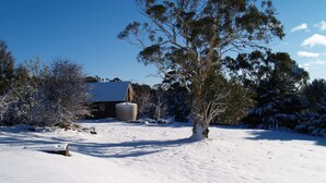 A snow-covered landscape with a building and trees. - Skippy`s Cottage at Touchdown Cottages (Jindabyne)