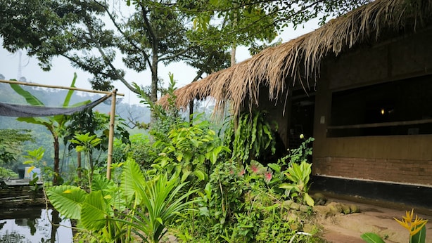 A rustic building with a thatched roof, surrounded by lush greenery and a pond. - OZ Cabin by Farmstay Managel (Cianjur)