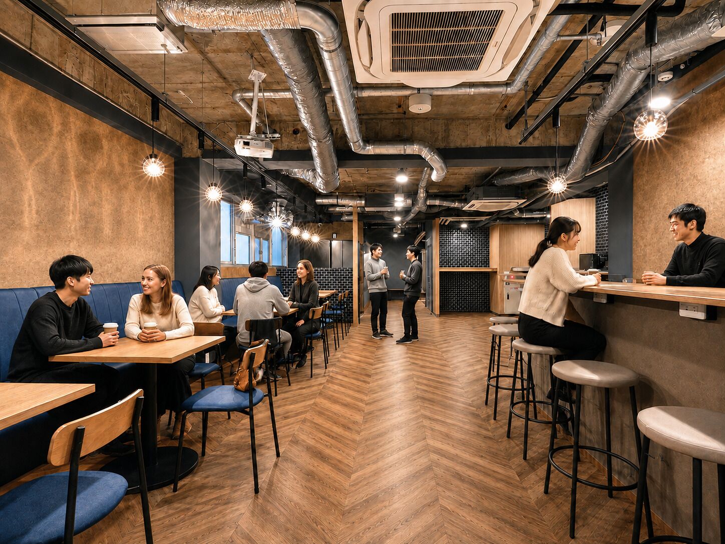 A modern cafe with wooden floors, metal ductwork, and pendant lighting.