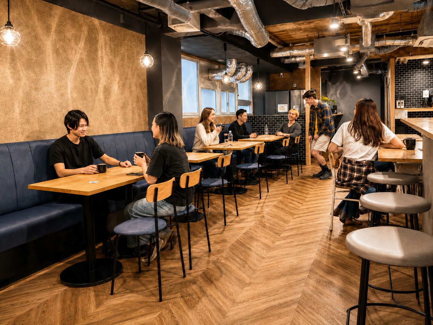 A cafe with wooden tables and chairs, a herringbone floor pattern, and a brick wall.