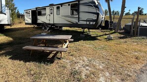 A recreational vehicle with a sliding door, a picnic table, and a clear sky. - Myakka Cove Glamping (Venice)
