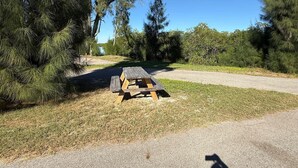 A picnic table in a grassy area with trees around. - Myakka Cove Glamping (Venice)