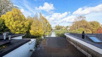 A rooftop with a view of a river, surrounded by trees and buildings.