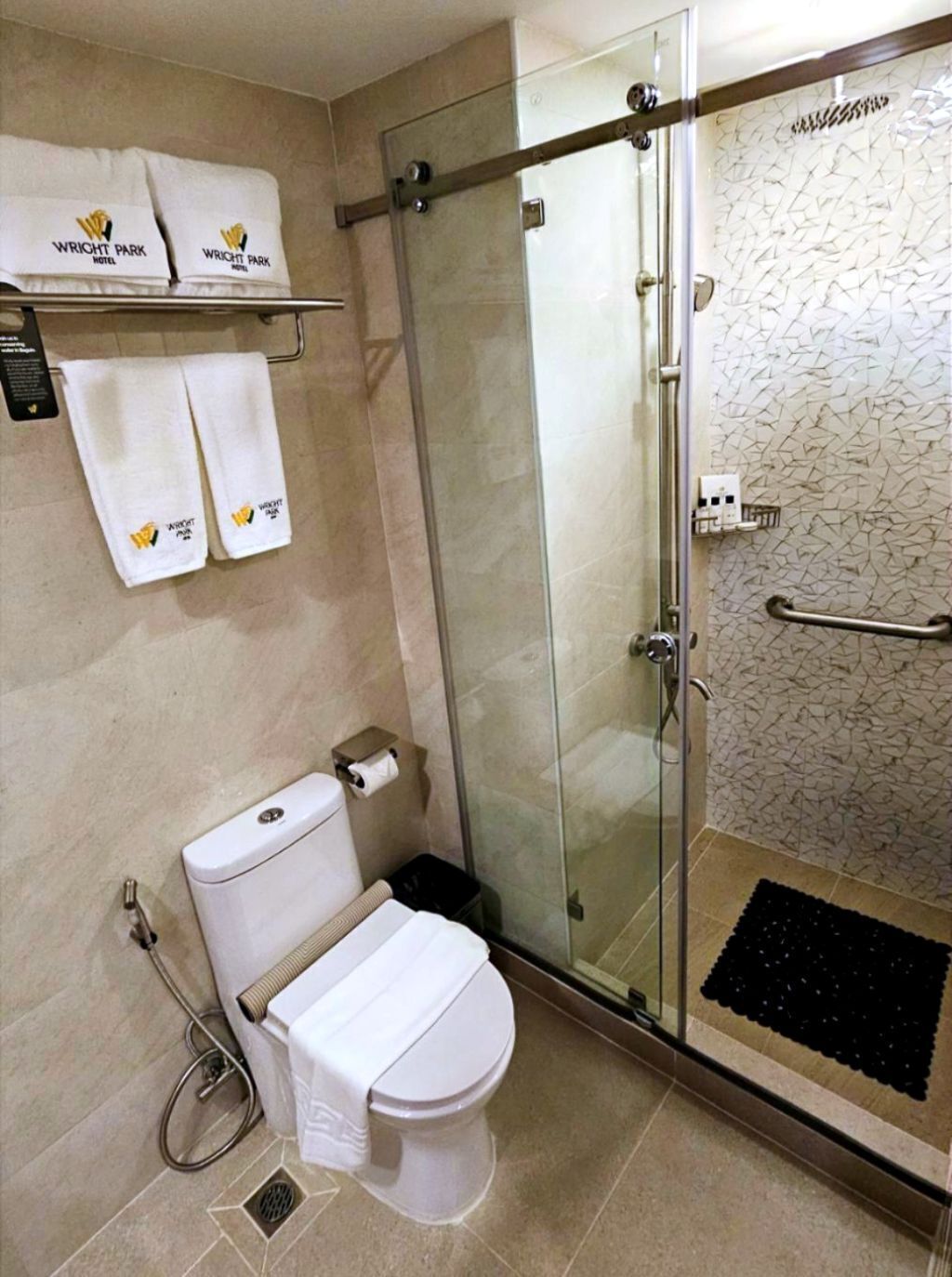 A modern bathroom with a glass shower enclosure, a toilet, and a towel rack with towels.