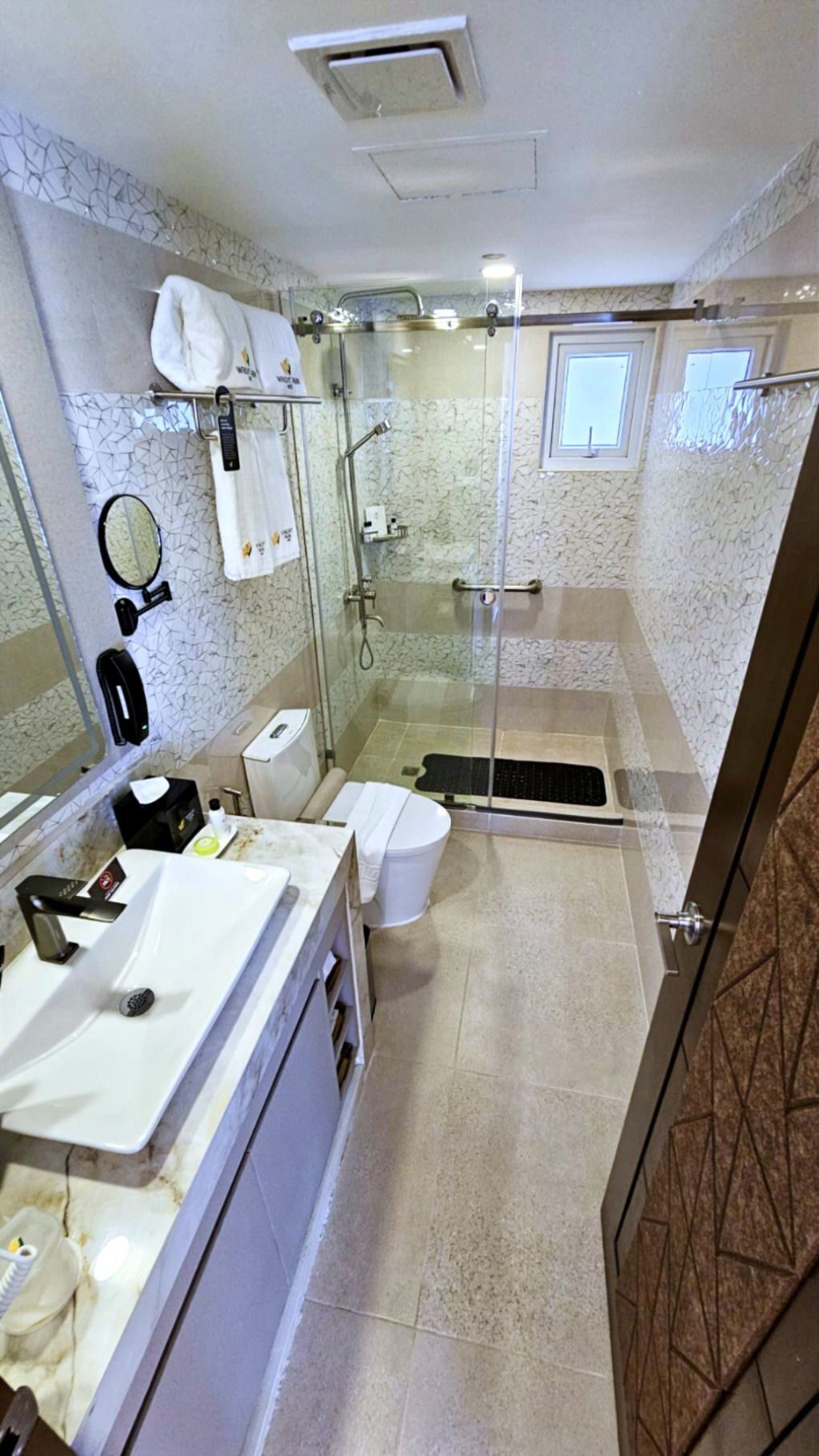 A modern bathroom with a glass-enclosed shower, a white sink, and a toilet.