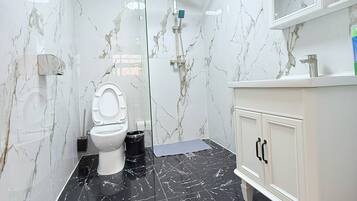 Shower, hair dryer, towels, soap