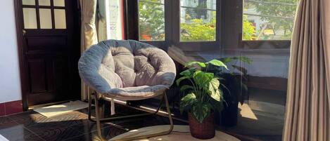 A room with a large window, a chair, a potted plant, and a patterned rug.