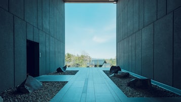 A corridor with a tiled floor leading to a glass door, flanked by walls with a textured surface.