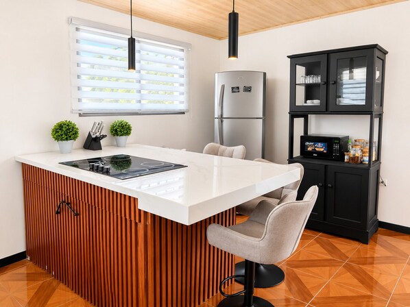 Coffee/tea maker, fridge, microwave, stovetop