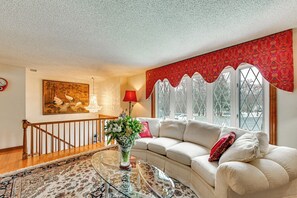 TV, fireplace, books - Spacious Yard w/ Gazebo: Charming Windsor Retreat (Windsor)